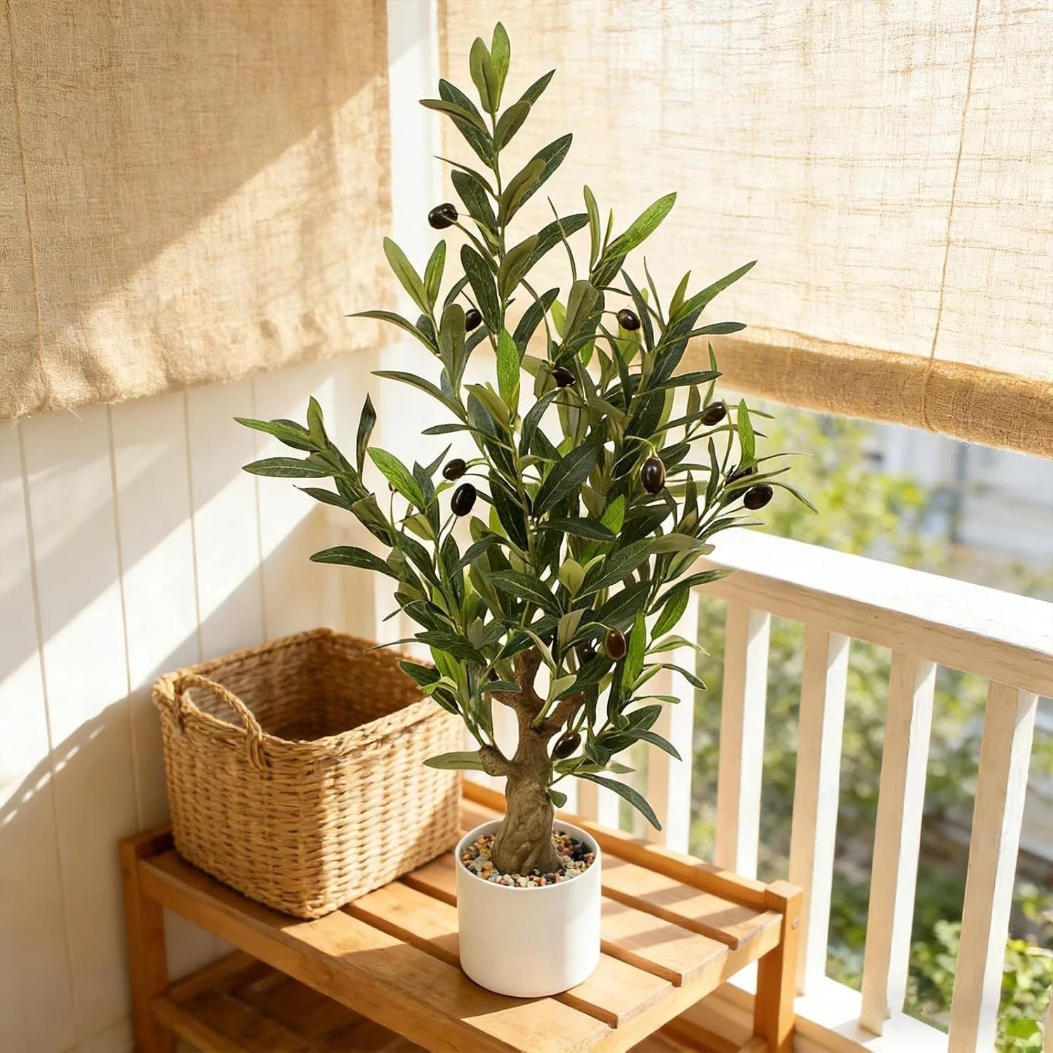 Fake Olive Tree with Pot Indoor, 30″ Artificial Olive Tree Stems Potted Green…