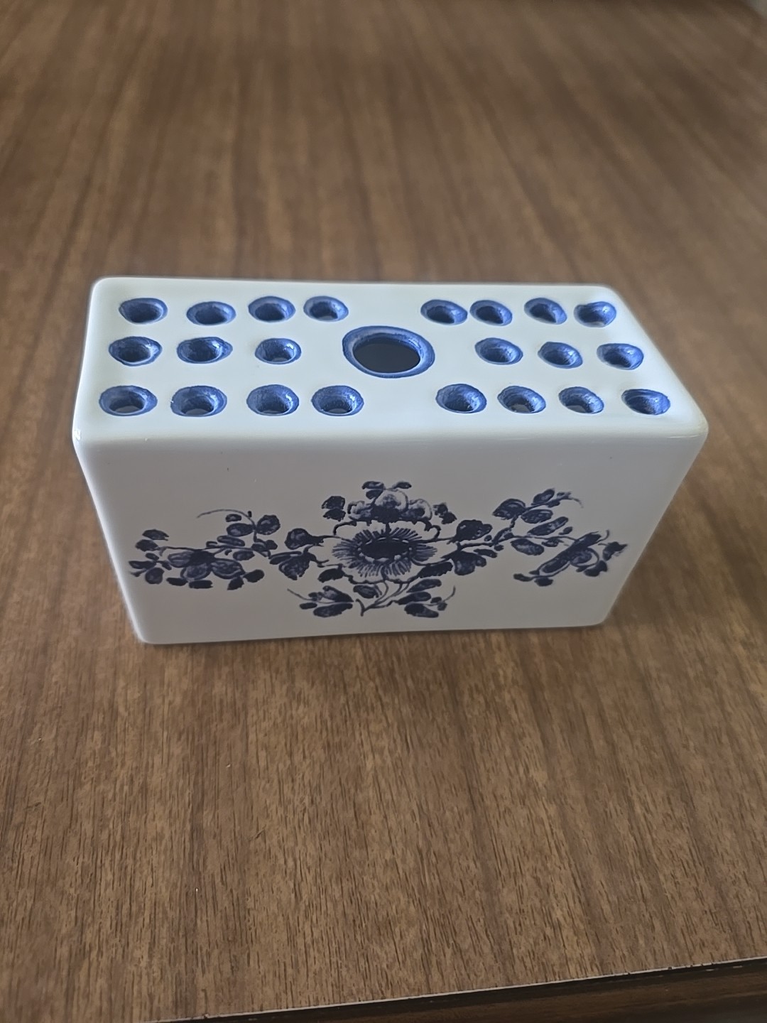 Hand Painted Ceramic Blue and White Flower Frog Vase, 1992 Made in Portugal