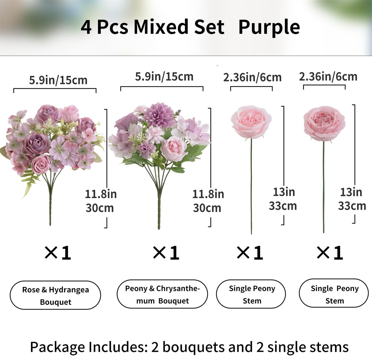 4 Pcs Mixed Artificial Peony Flowers Set-2 Bouquets & 2 Stems, Purple Fake Peony