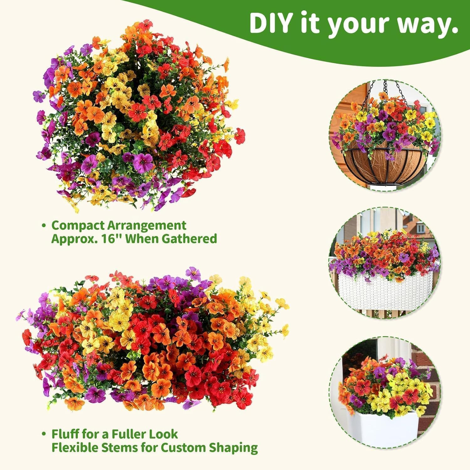 Artificial Outdoor Flowers, Realistic UV Resistant Waterproof Faux Plants, Full
