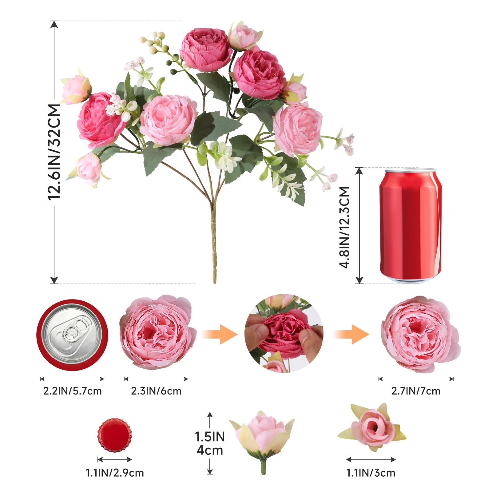 8 PCS Artificial Peony Flowers Faux Peony Bouquet Silk Floral Arrangement