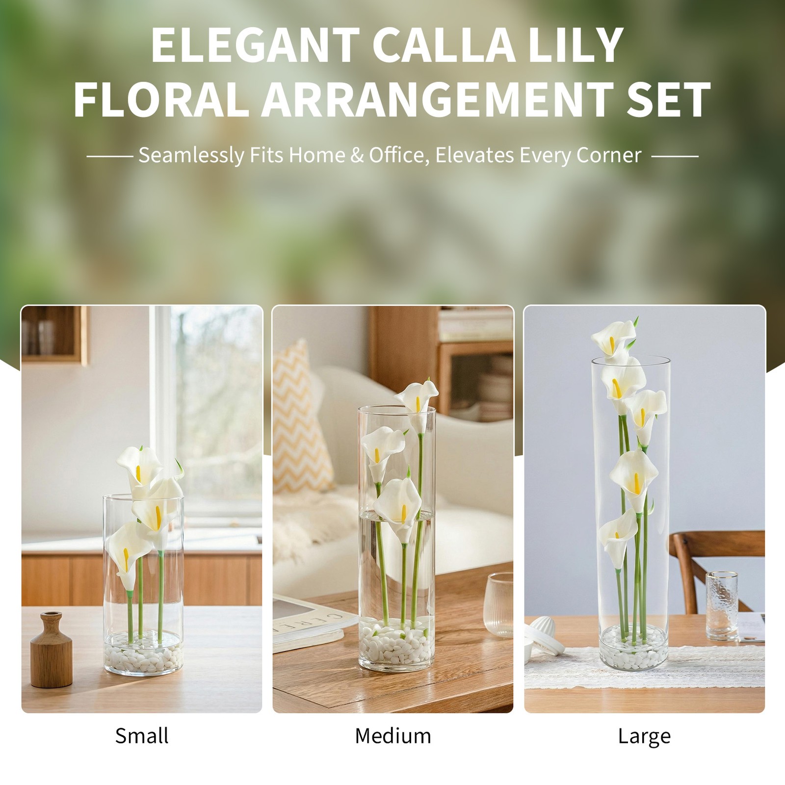 White Calla Lily Centerpiece Set of 3, Acrylic Cylinder Vases with Faux Flowers