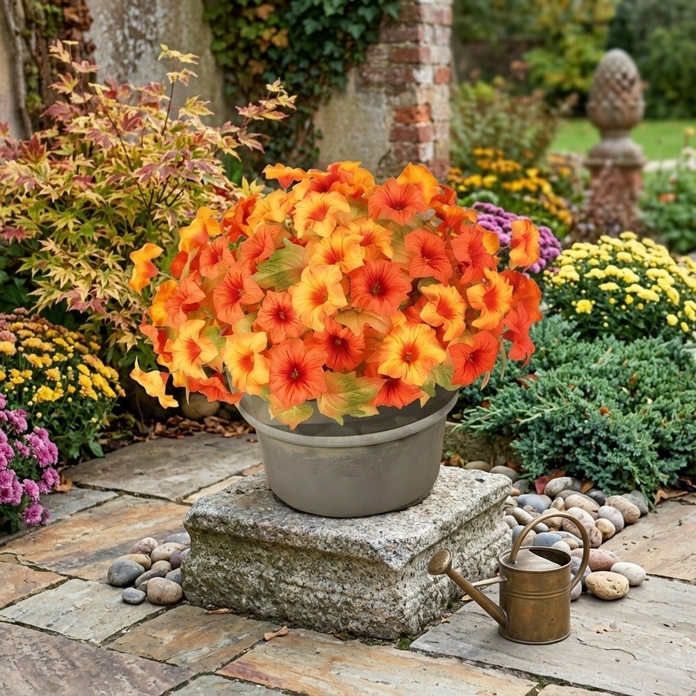 Artificial Petunias 17in Orange Yellow 6 Pack Sturdy Plastomer for Garden Decor