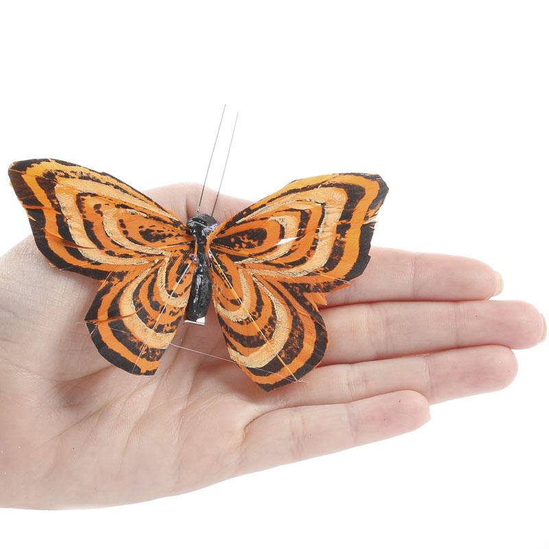 Package of 12 Black and Orange 4″ Natural Feather Artificial Butterflies