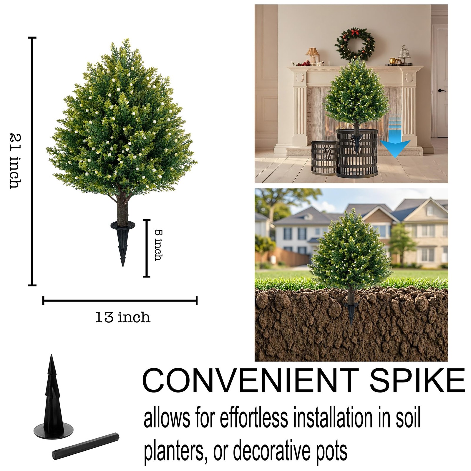 21” Artificial White Berries Topiary Ball Trees with Ground Spike, UV Resist…