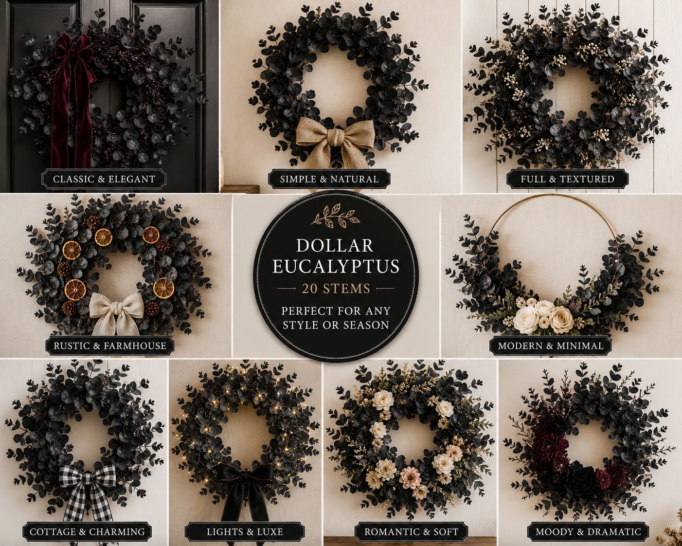 20 Black Dollar Eucalyptus Stems 12 Inch Faux Eucalyptus Picks Gothic Wedding Gr