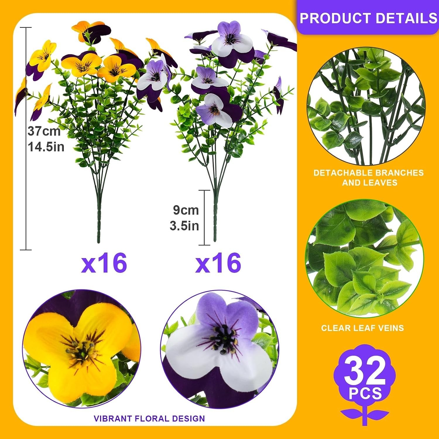 32 Pcs Artificial Pansy Flowers for Outdoors UV Resistant Faux Silk Spring Fl