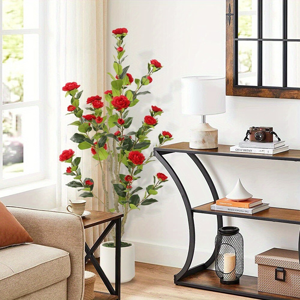 1Pc 4FT Tall Artificial Red Camellia Potted Plant Faux Plant Red Flower Outdoor