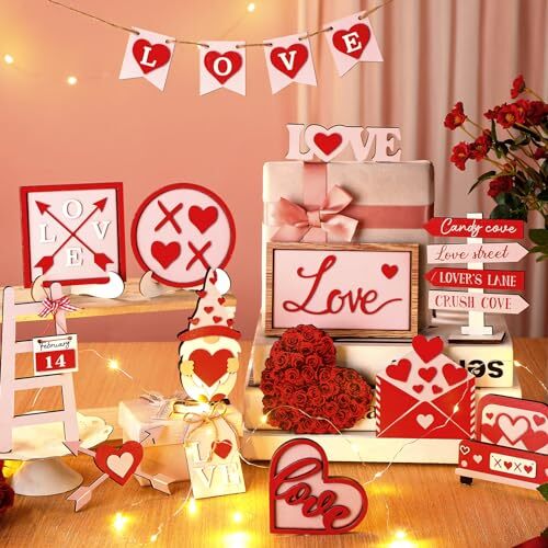17 Pcs Valentines Tiered Tray Decor Set Red Pink Gnome Love Valentine