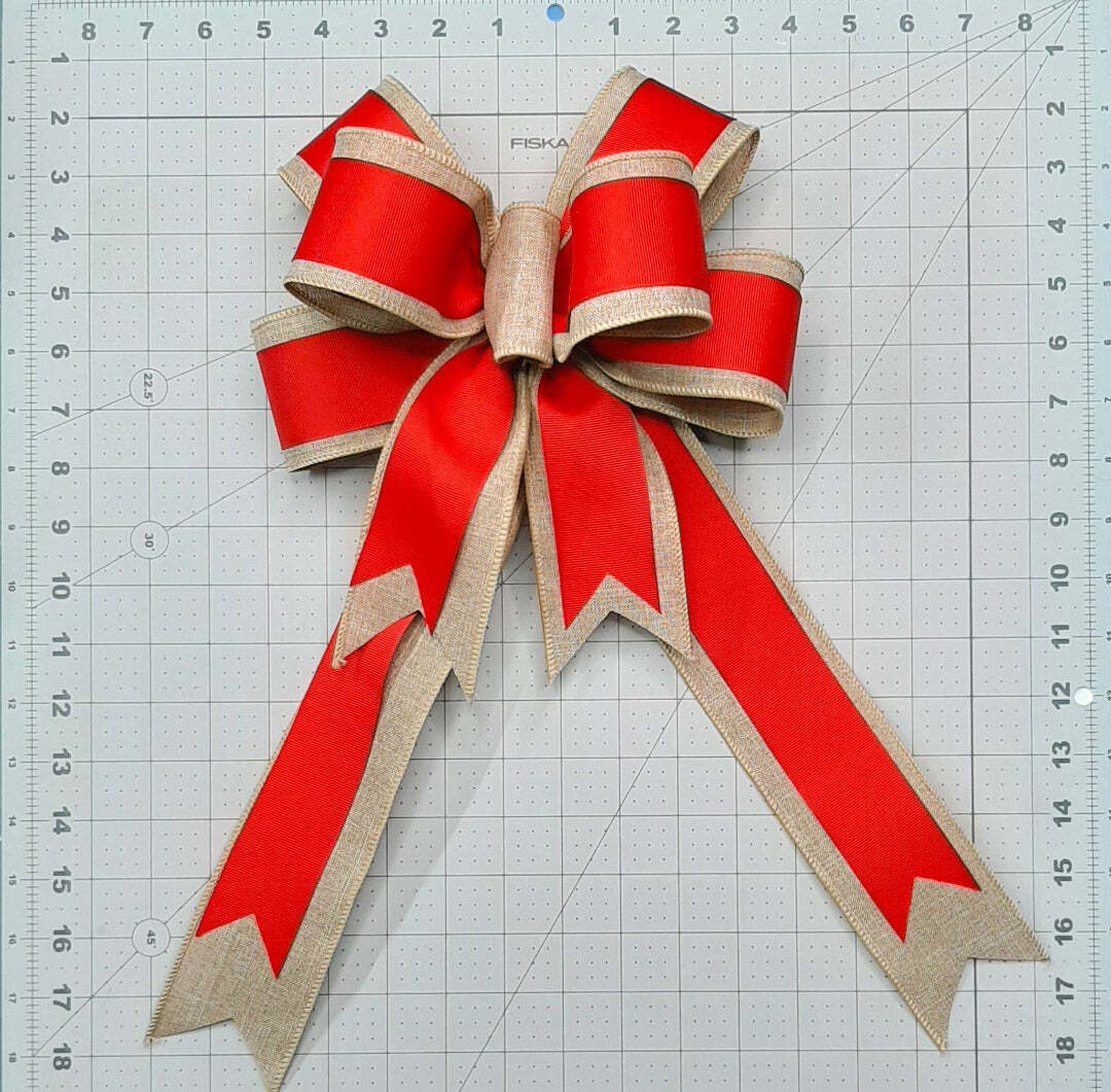Wreath Bow, Ruby Red Grosgrain and Beige Linen