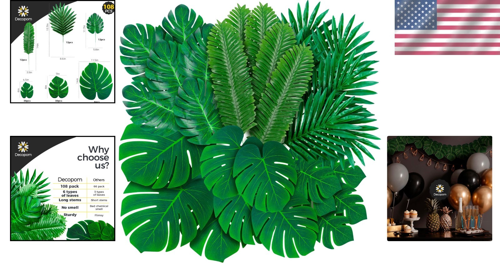 Durable 108 Pack Silk Palm Leaves for All Occasion Decorations & DIY Projects