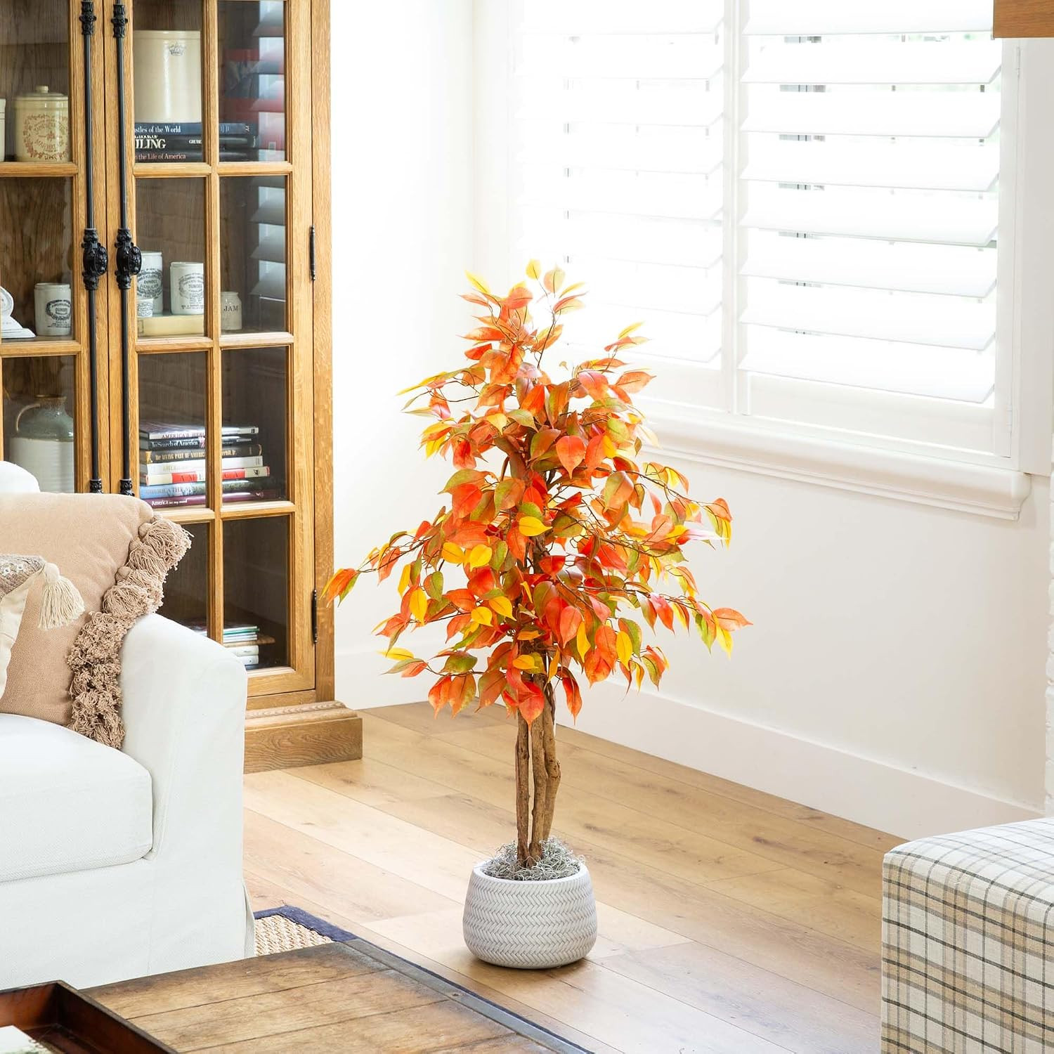 3 Ft Artificial Autumn Ficus Fall Tree with Nursery Planter | Lush Canopy, Slend