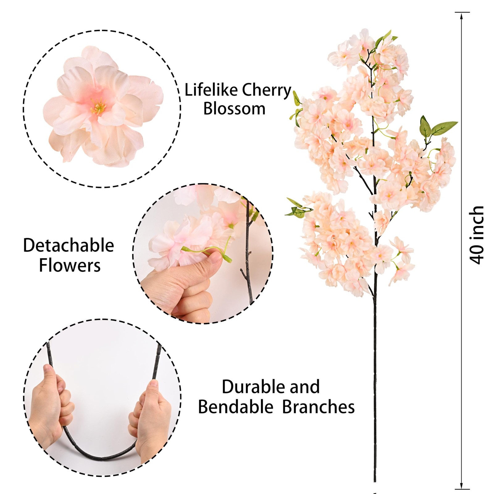 Artificial Cherry Blossom Stems Silk Faux Flowers 40 Inch 3 Pcs Wedding Home Dec