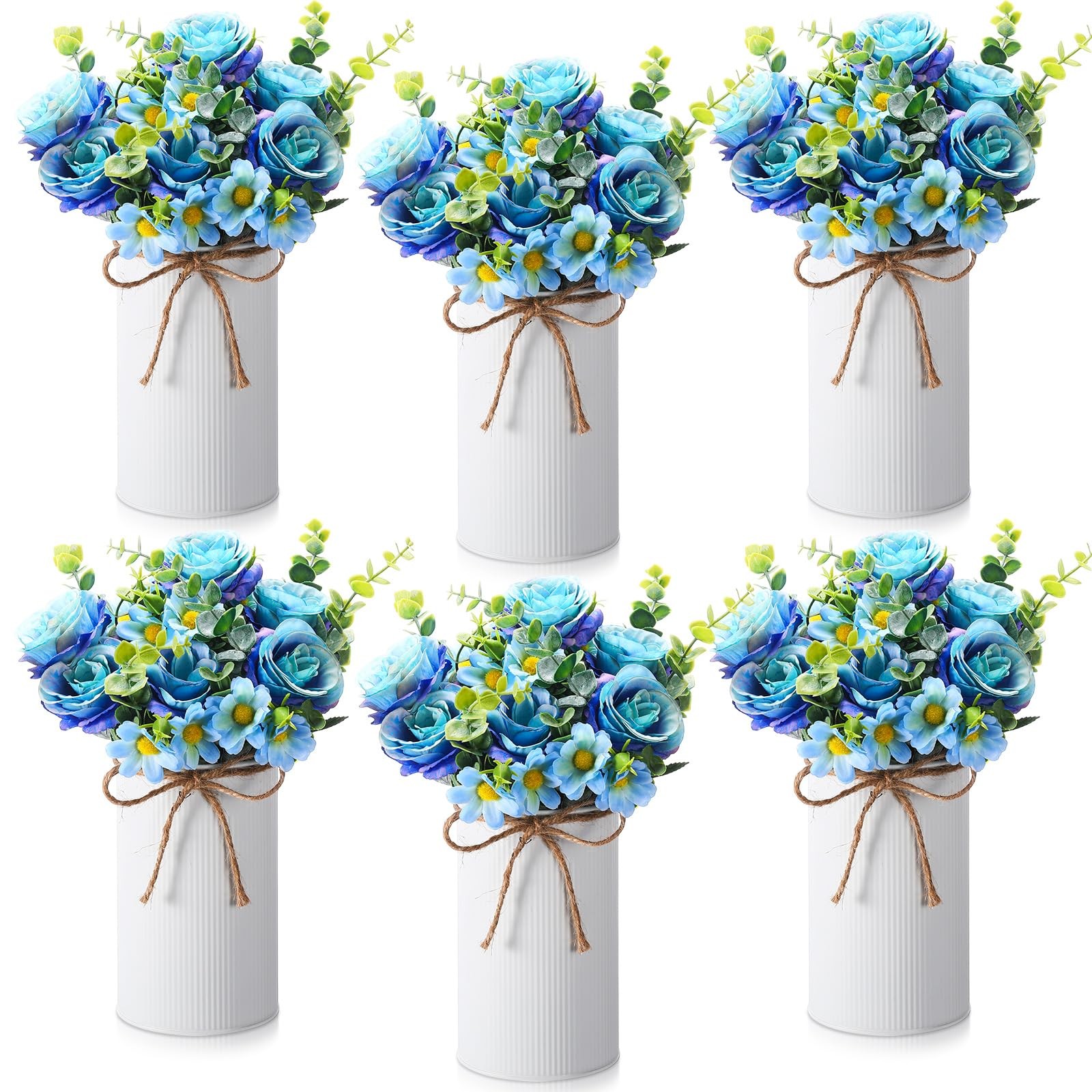 6 PCS Wedding Centerpiece Table Decor Blue Artificial Rose Flower Metal Vase