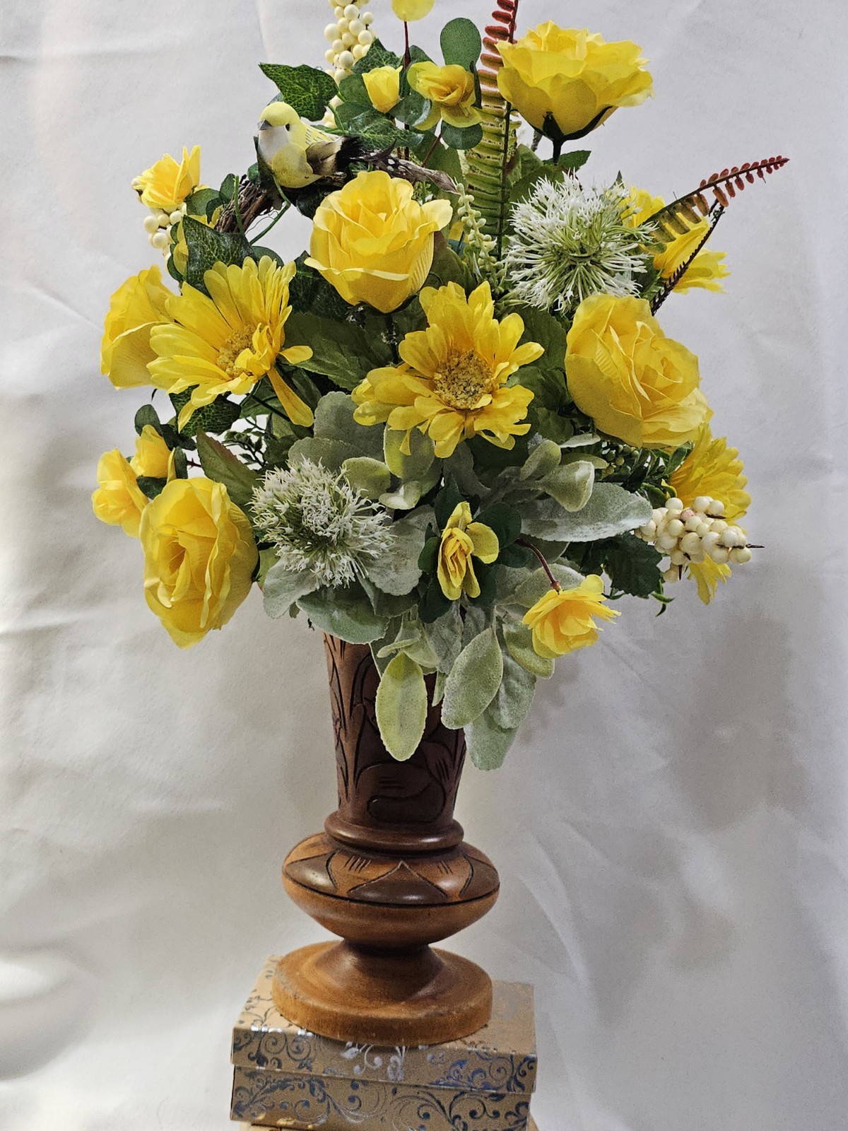 Beautiful Yellow Rose Floral Arrangement in unique handcarved Vase 22″ H x14″ W