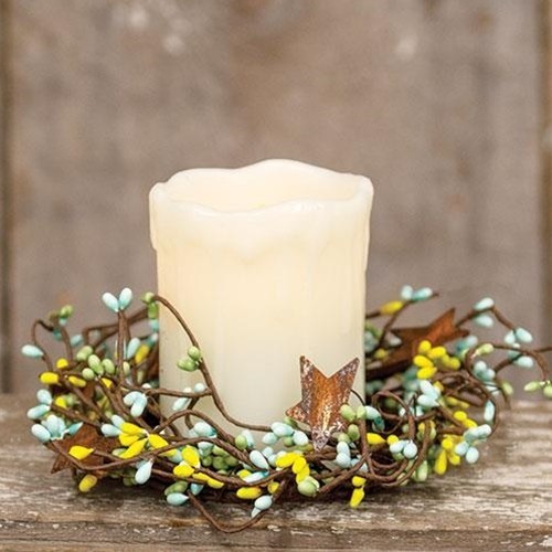 Pip Berry Wreath Candle Ring Rusty Stars Yellow Green Blue Summer Spring