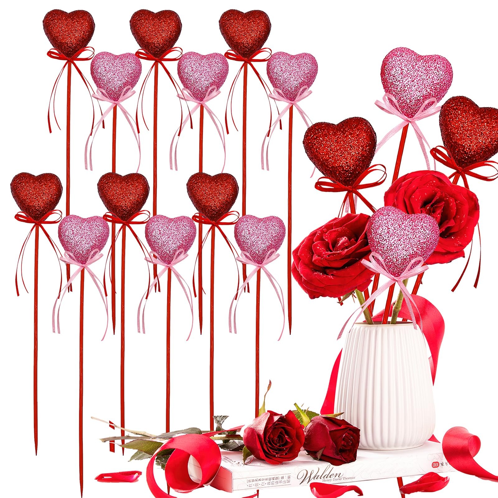 12Pcs Valentine’s Day Glitter Red Pink Puffy Heart Picks Foam Heart Picks Spa…
