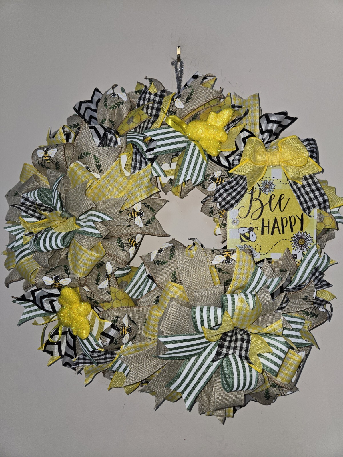 BEE happy WELCOME Spring Summer Fall Front Door Wreath Wall Decor Yellow Green
