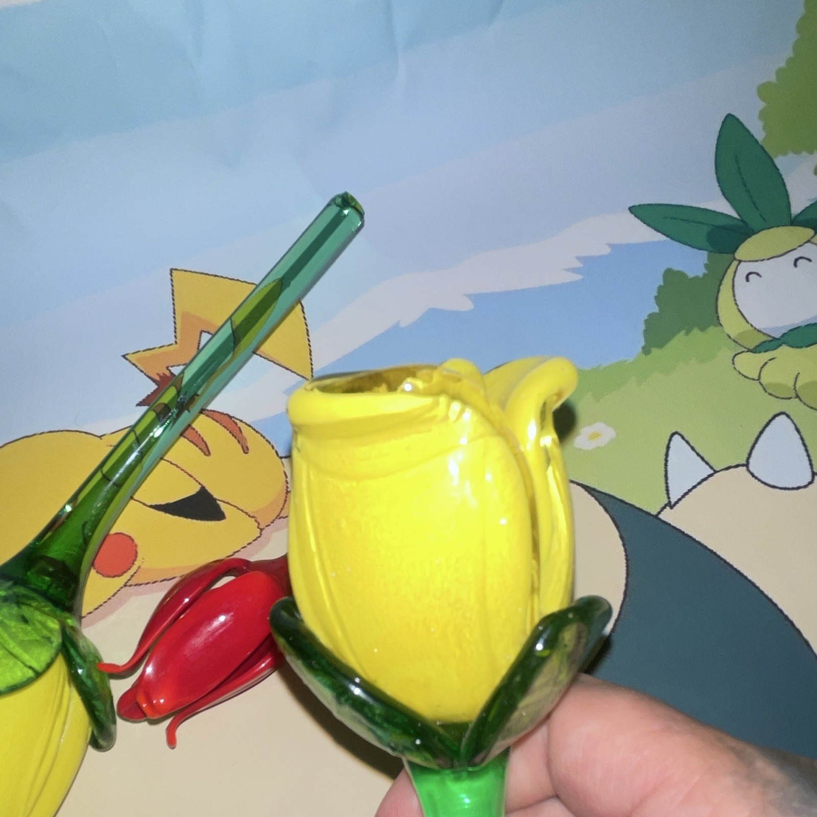 Artificial Glass Flower Stems Lot of 3: 2 Yellow Roses & Red Tulip, Green