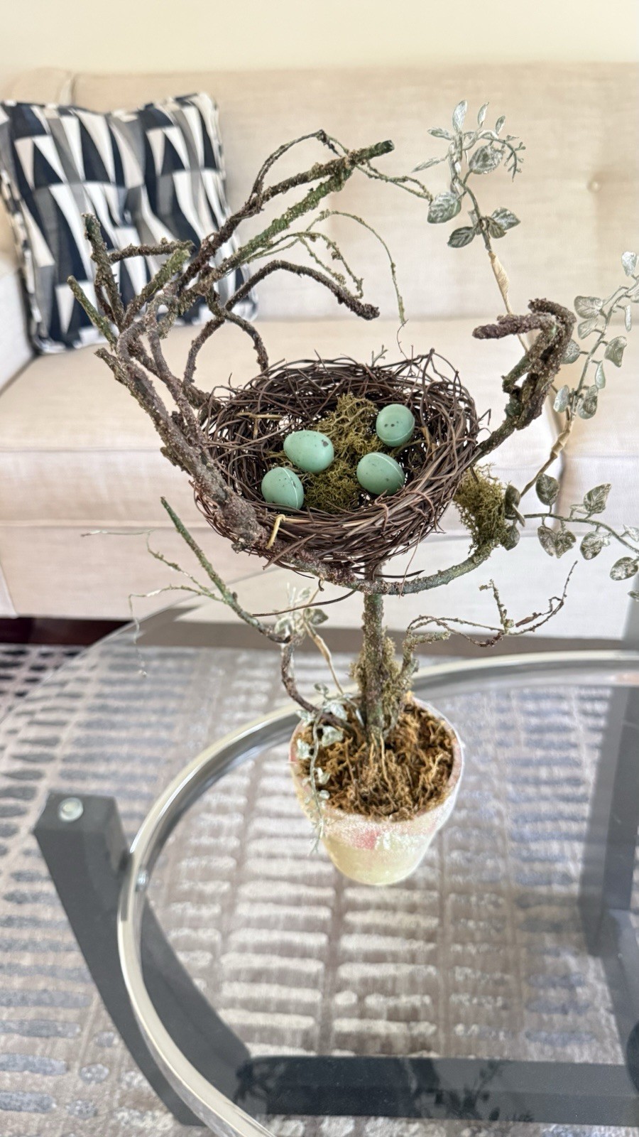 Floral Topiary Arrangement Potted Center Piece With Nest & Robin Eggs