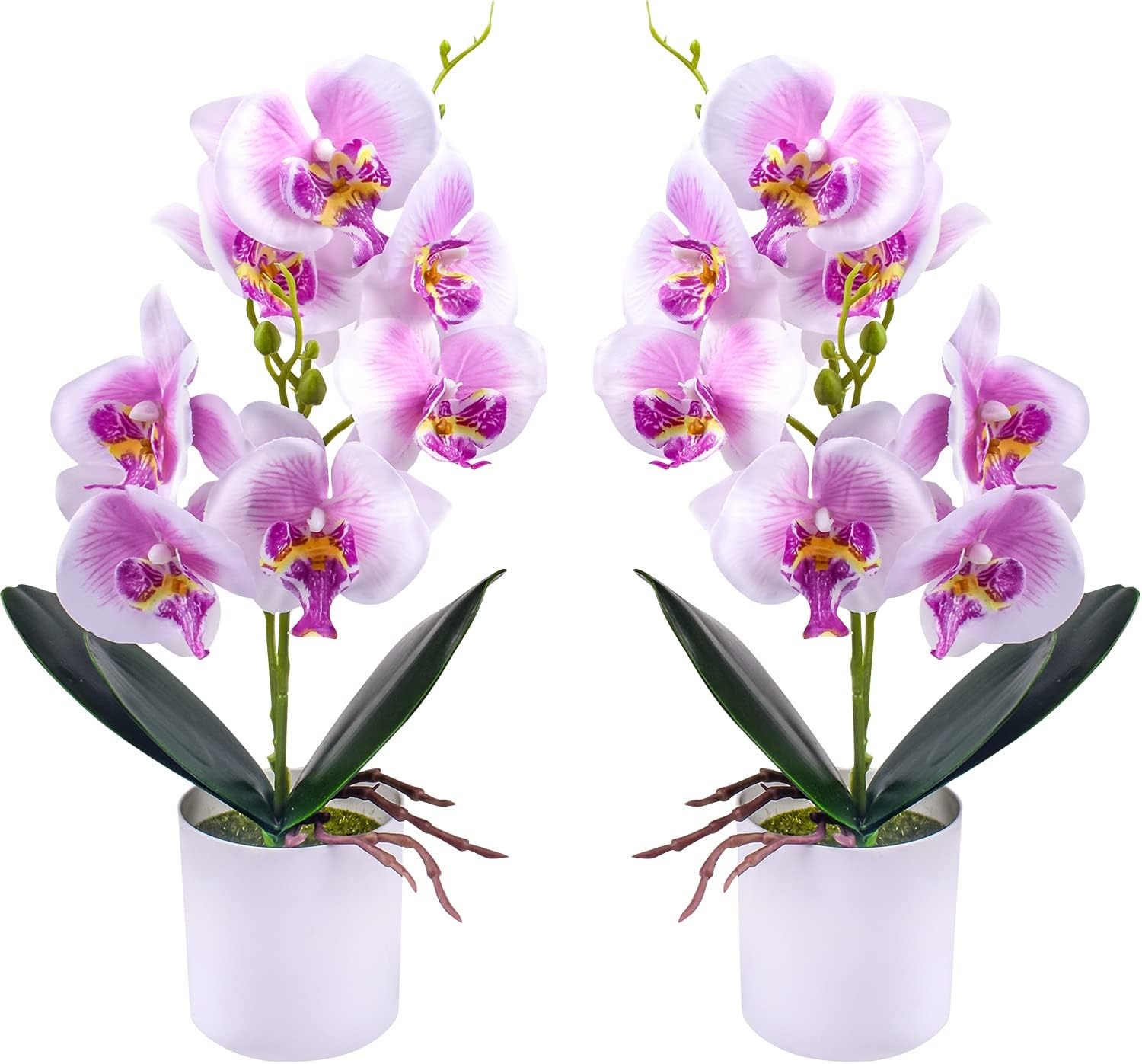 XONOR Artificial Orchid Flowers, 2 Pieces Potted Orchid Flowers with Plastic Vas