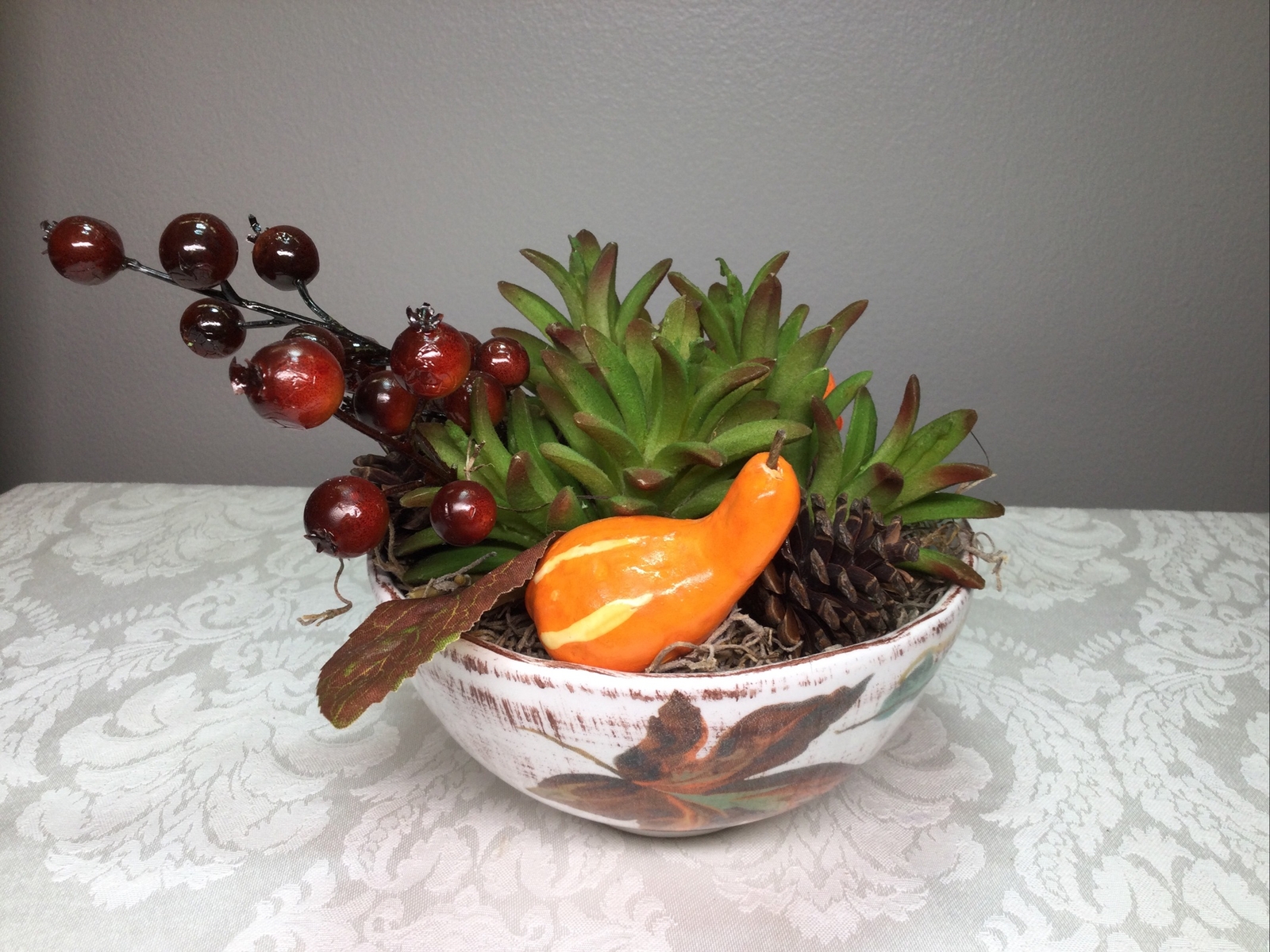 Floral Faux Succulent Arrangement Tuscan Bowl Centerpiece Fall Autumn Decor