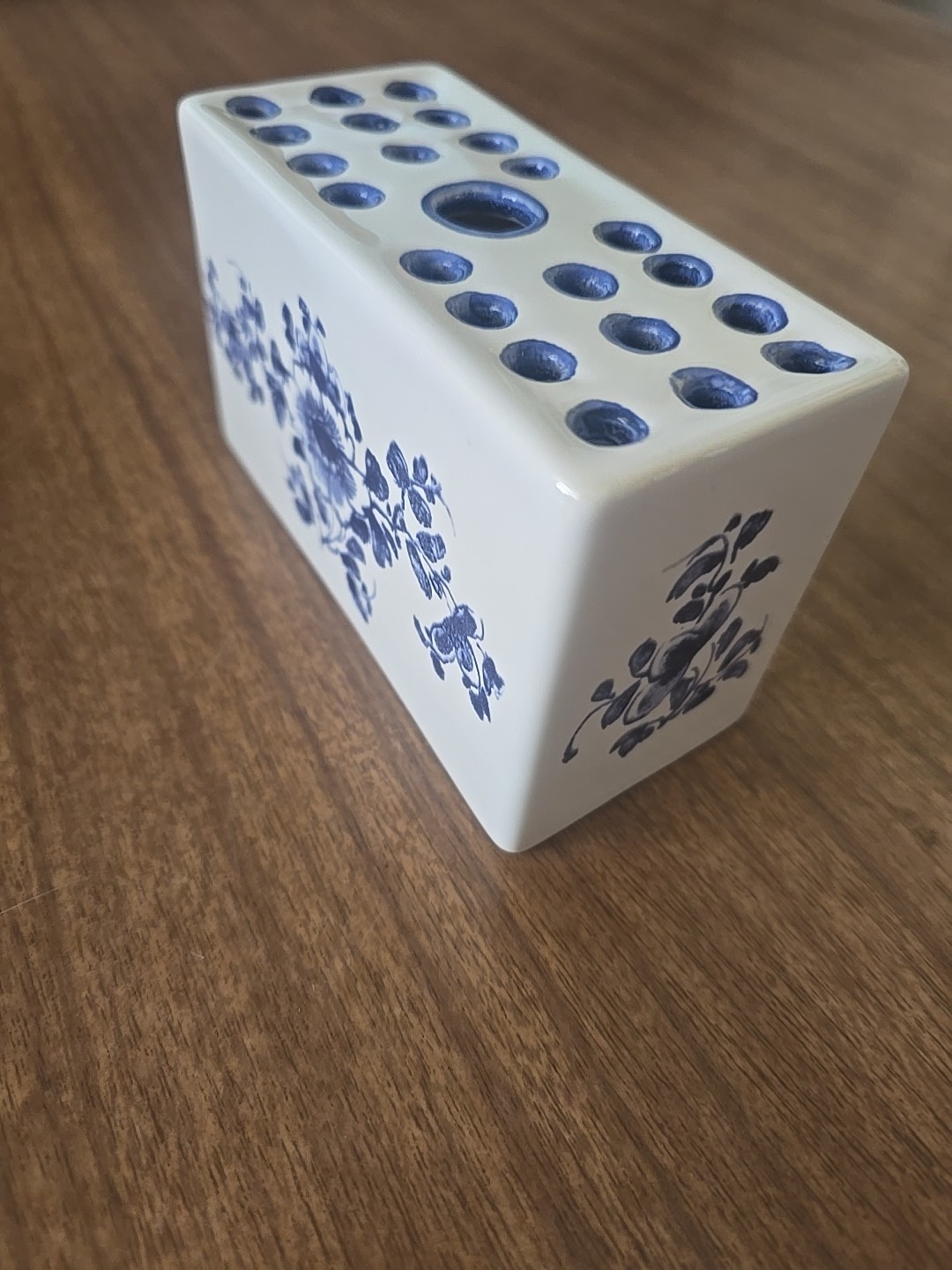 Hand Painted Ceramic Blue and White Flower Frog Vase, 1992 Made in Portugal