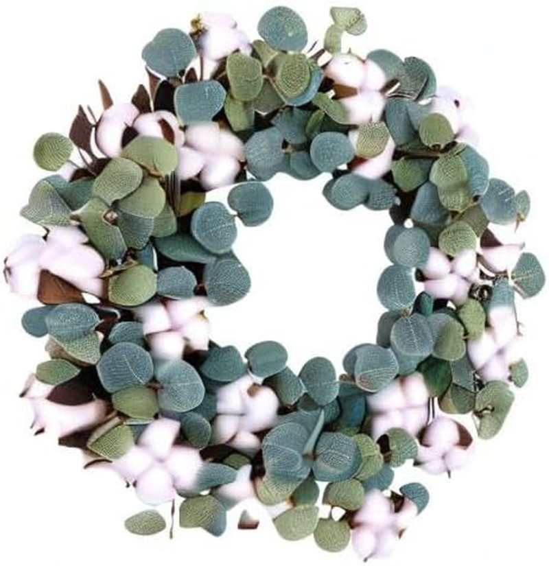 Eucalyptus and Cotton Wreath, 14 Inches Artificial Wreath on a Natural Twig Base