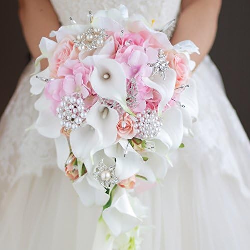 IFFO Calla Lilies 11-inch Simulation Rose Diamonds Pearl Bride Wedding Bouque…