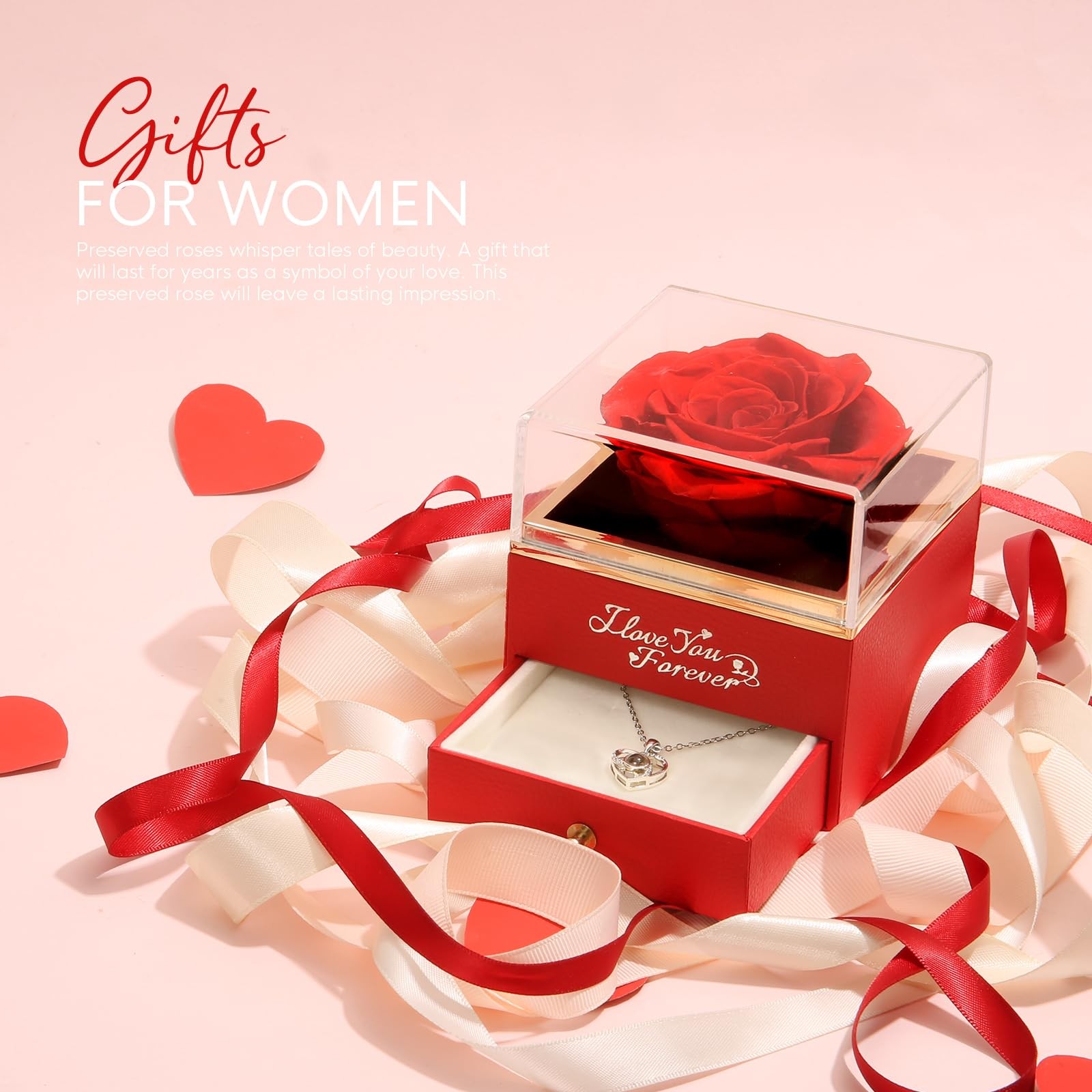 Preserved Real Rose with Heart Necklace -I Love You Forever Eternal Rose for …