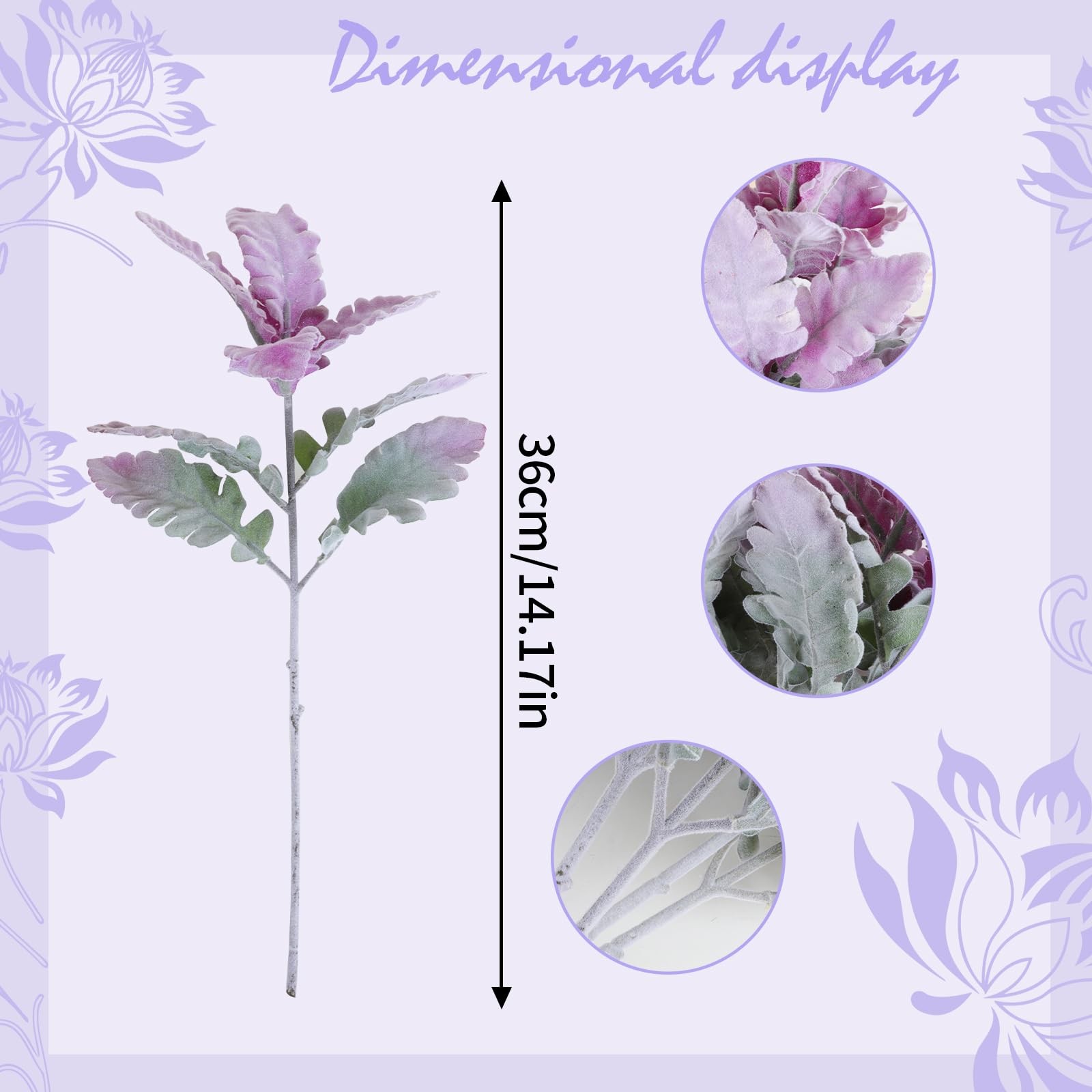 8Pcs Artificial Dusty Miller Plant Faux Flocked Lambs Ear Greenery Stems Purp…