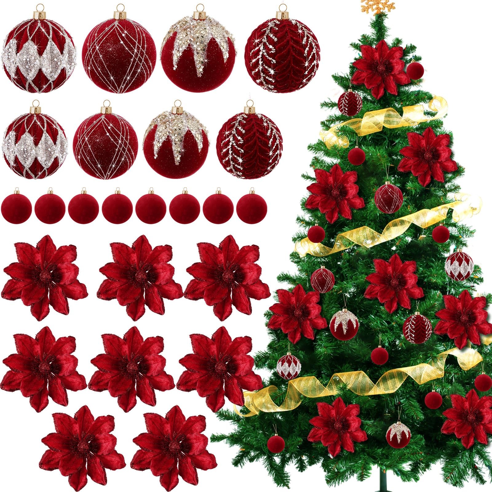 24 PCS Red Christmas 6.3 Inch Glitter Poinsettia Artificial Flowers Balls