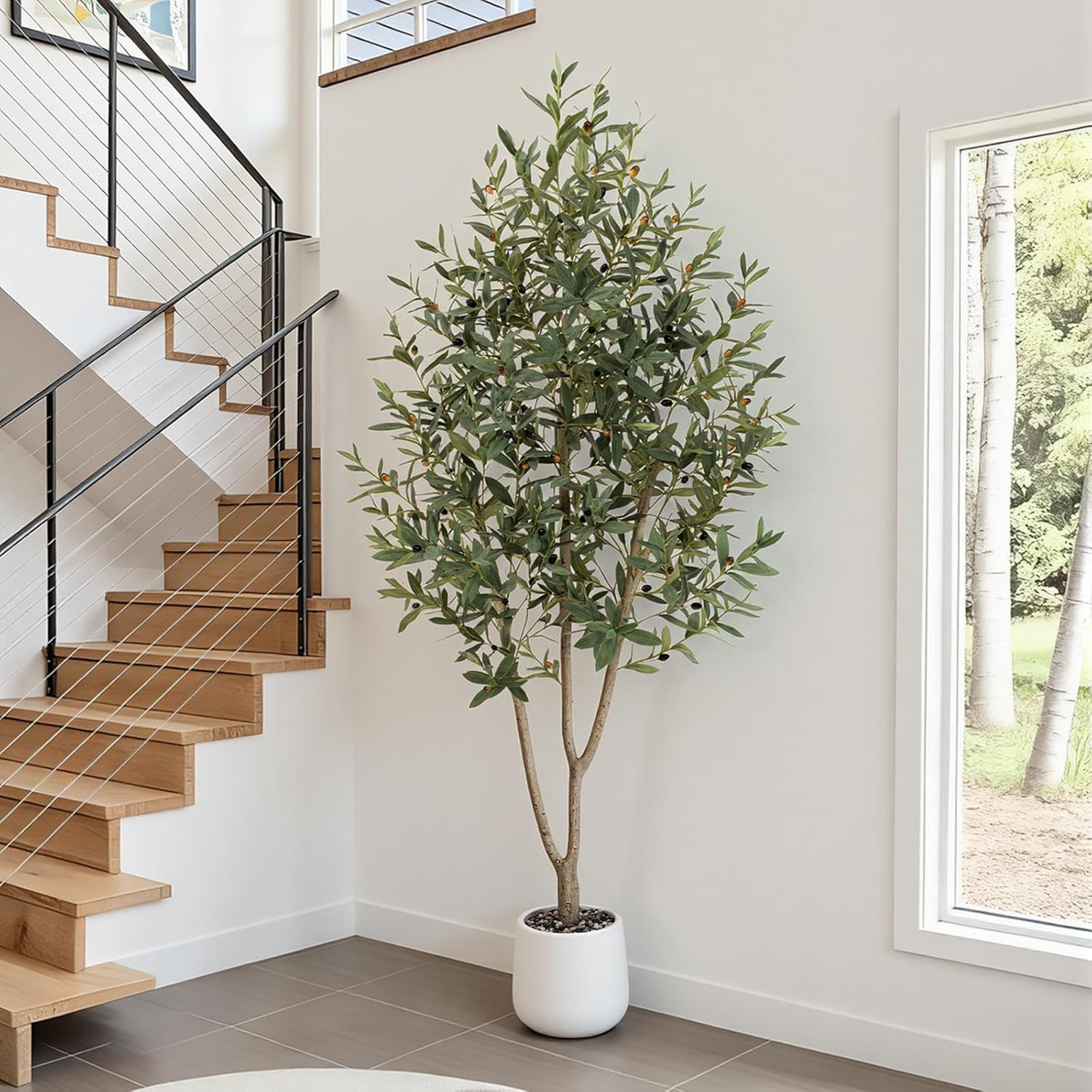 7FT Lifelike Olive Tree with White Planter for Home & Office Decor