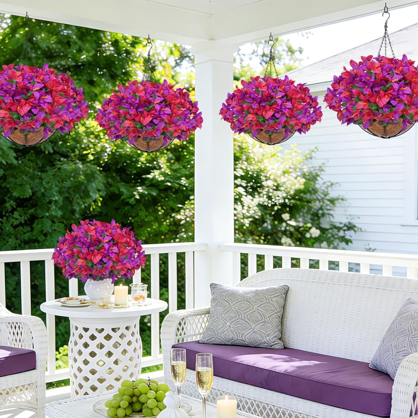 Faux Hanging Flowers for Outdoor Decor – UV Resistant Bougainvillea Planters, Re