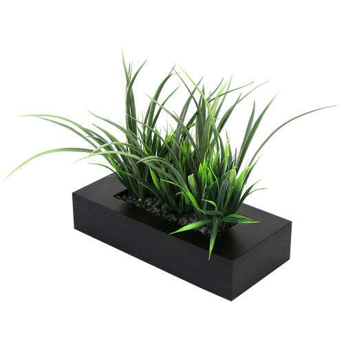 Artificial Green Grass Plants in Black Wood Rectangular Planter Pot