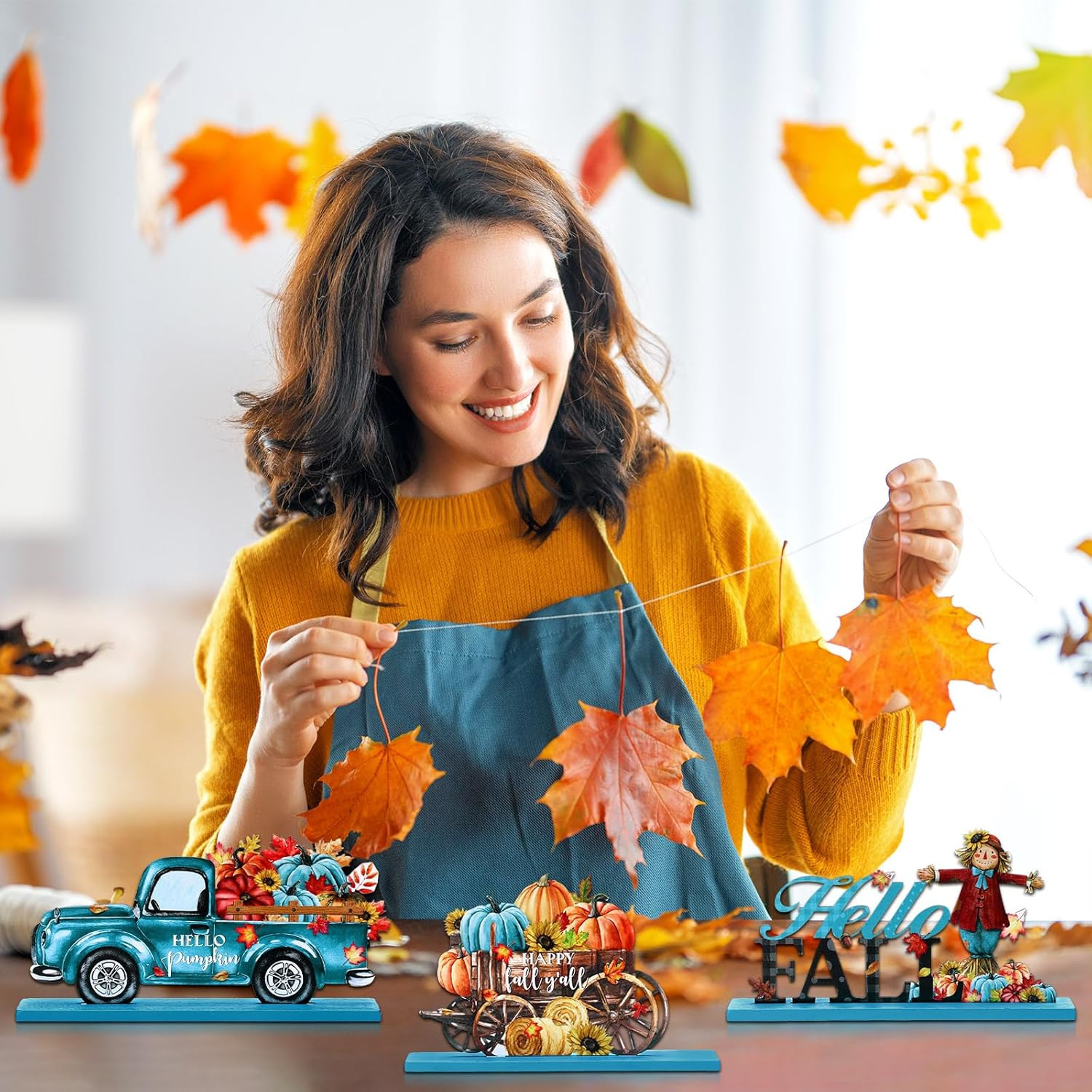 4 Pcs Fall Wooden Table Decorations Blue Autumn Harvest Table Centerpieces Hello