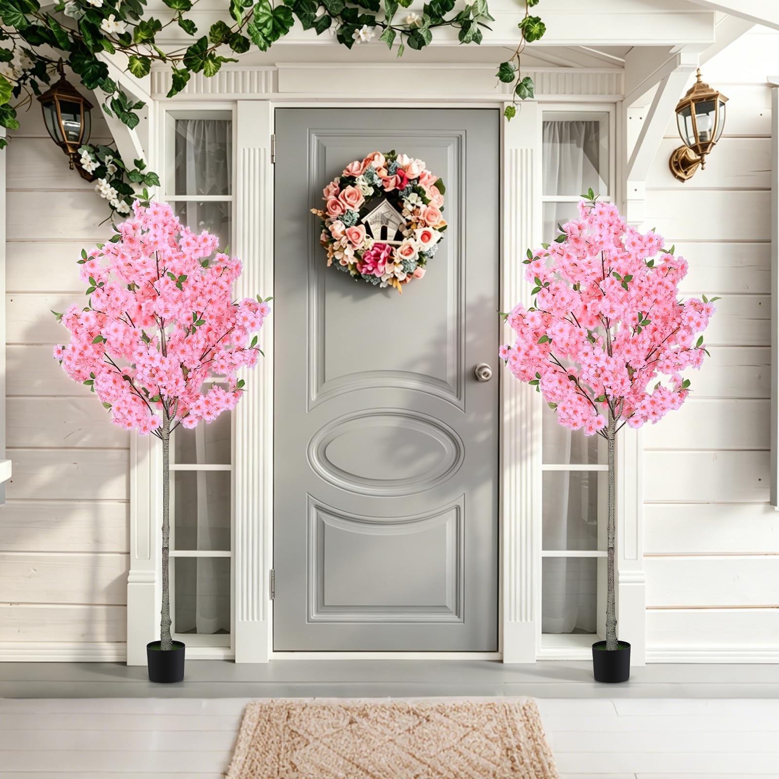 6FT Artificial Cherry Blossom Tree with Pot, Faux Pink Sakura Tree with Adjus…
