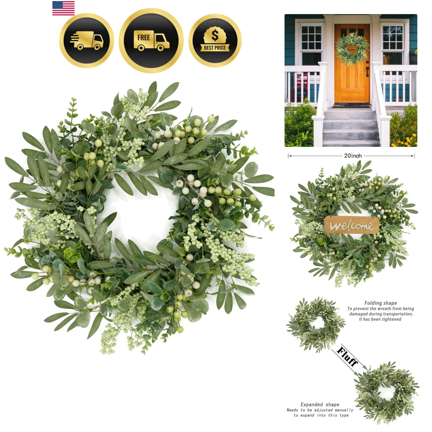 Eucalyptus Wreath 20 Inch Indoor Outdoor Front Door Farmhouse Decor