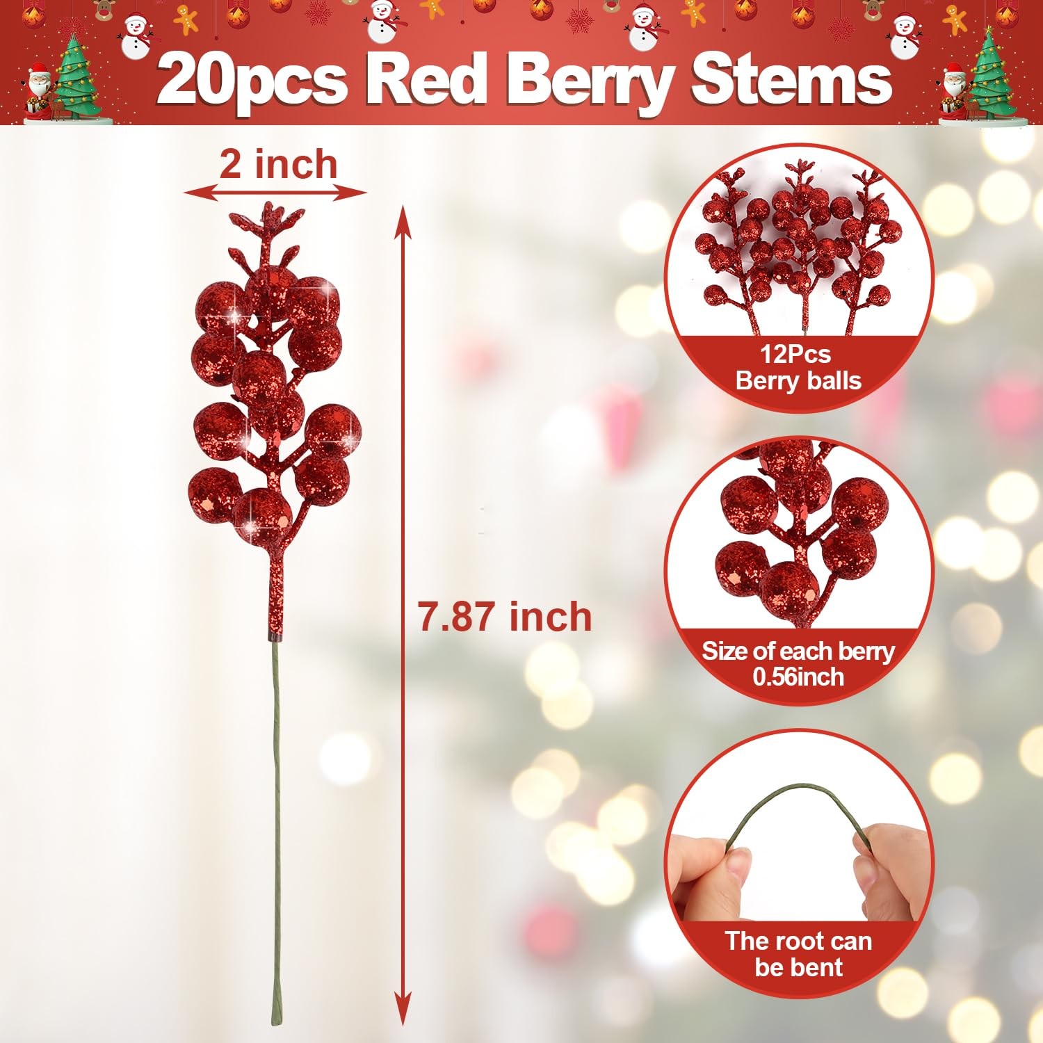 CCINEE 20pcs Glitter Christmas Red Berry Stems,7.8Inch Xmas Artificial Glitter B