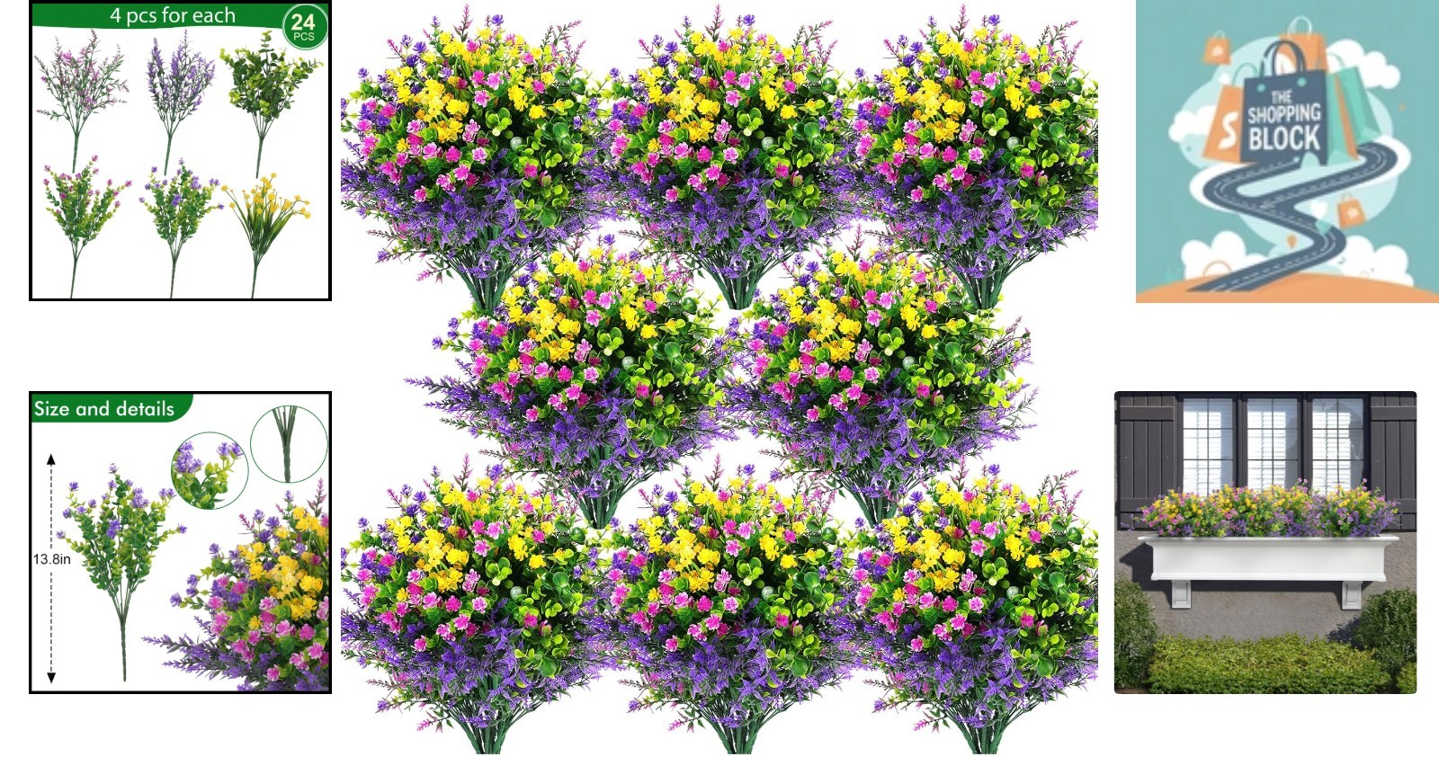 24 Pcs Outdoor Faux Flowers, UV Resistant, Assorted Colors, 14″