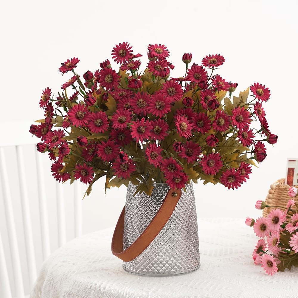 5 PCS Rose Red Artificial Daisy Flowers Bouquets 100 Silk Flowers for Home