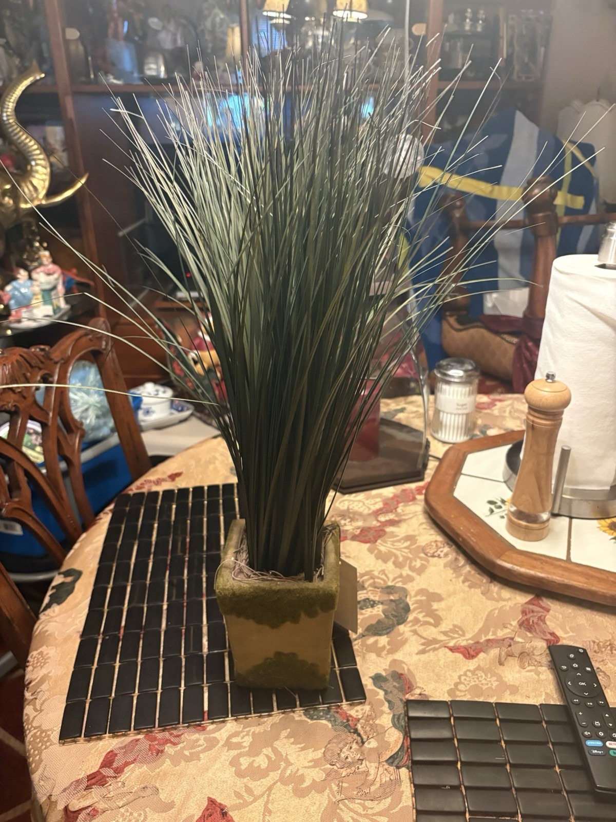 Faux Onion Grass Arrangement in Moss Ceramic Square Pot Rustic Home Decor 24″
