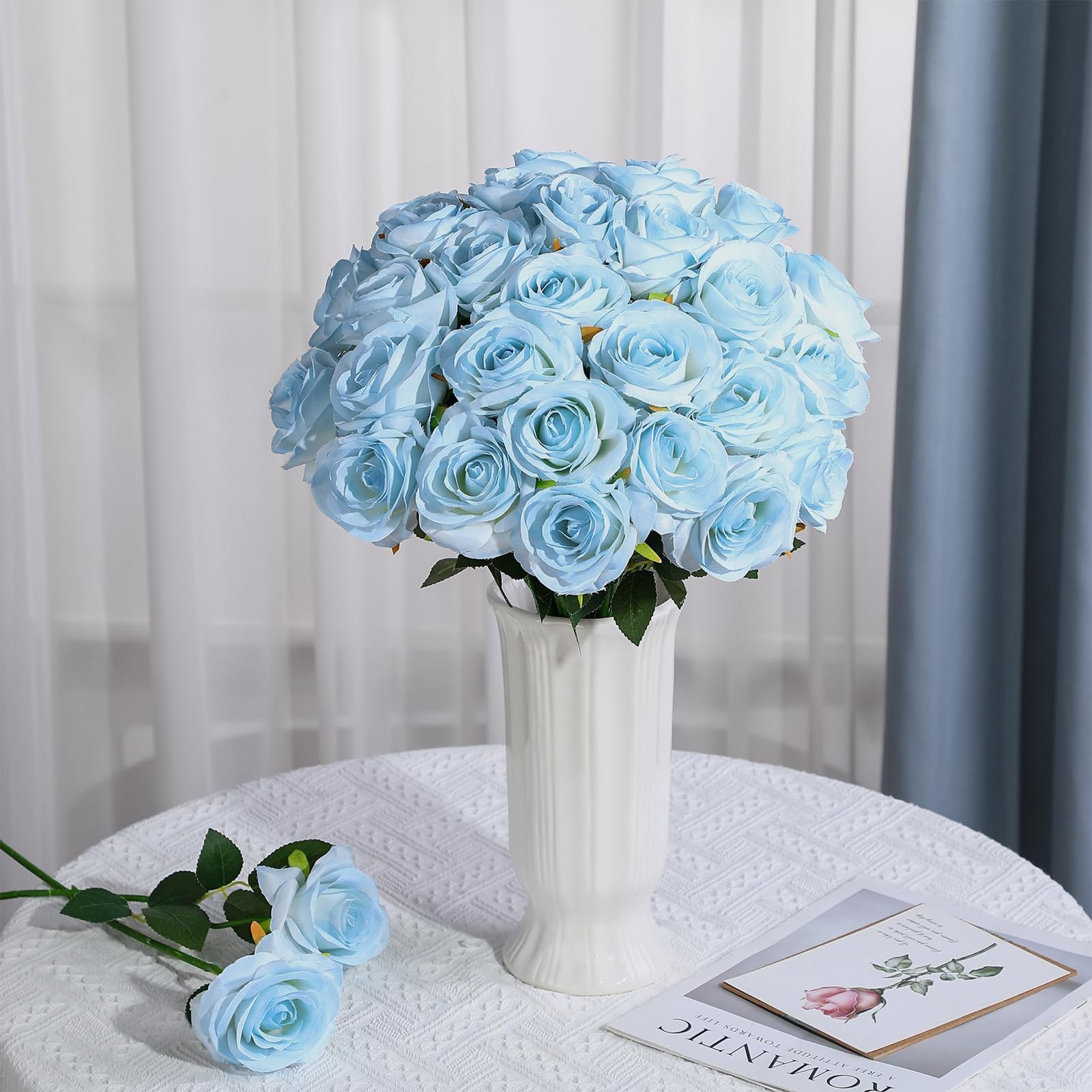 68 Pcs Ice Blue Artificial Roses Fake Flowers,Silk Flowers with Stems for DIY…