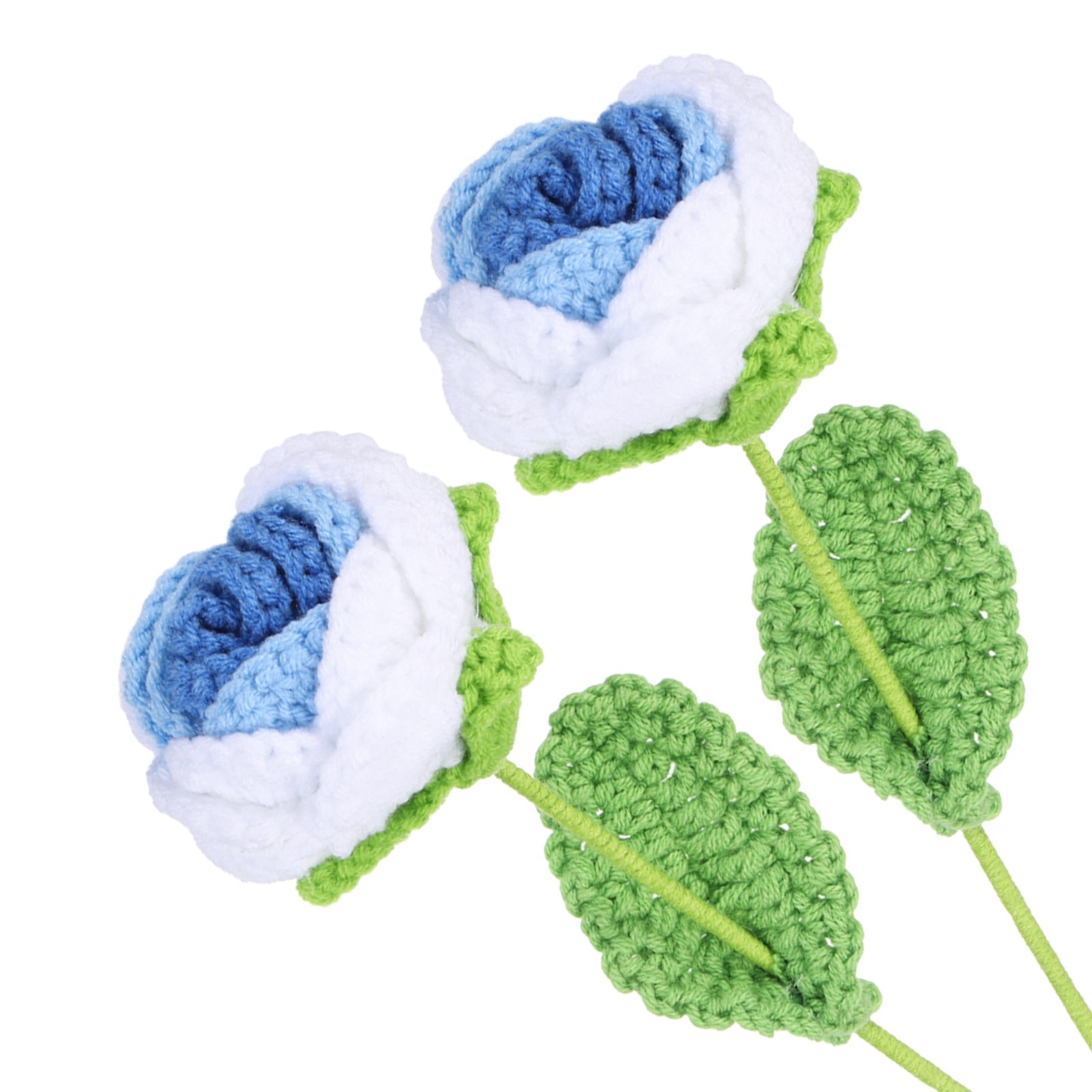 2Pcs Crochet Flower Rose Handmade Knitted Bouquet Blue Gradient,