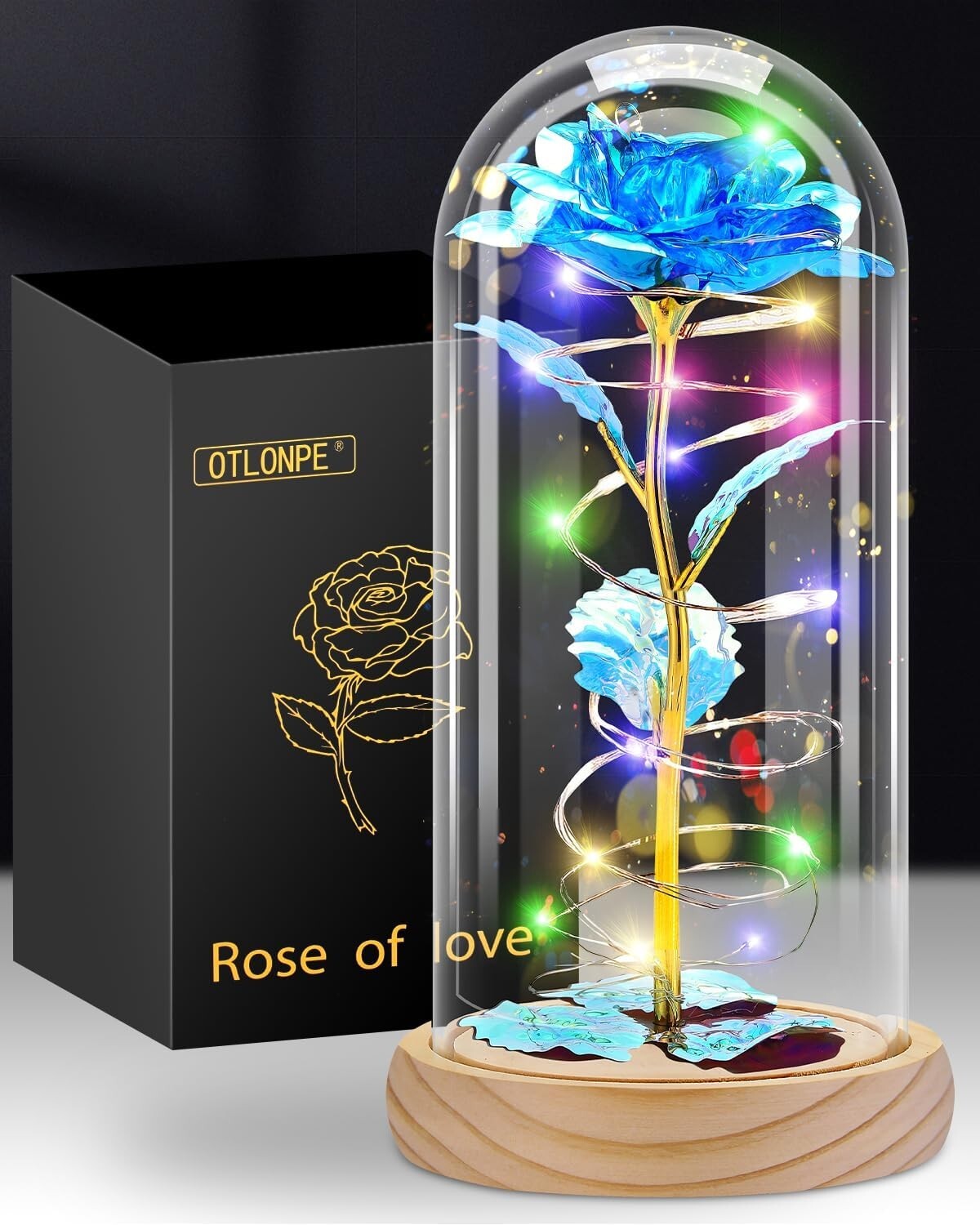 New Blue Butterfly Plastic Rose Led Glass Artificial Flower Dome Decor For Women