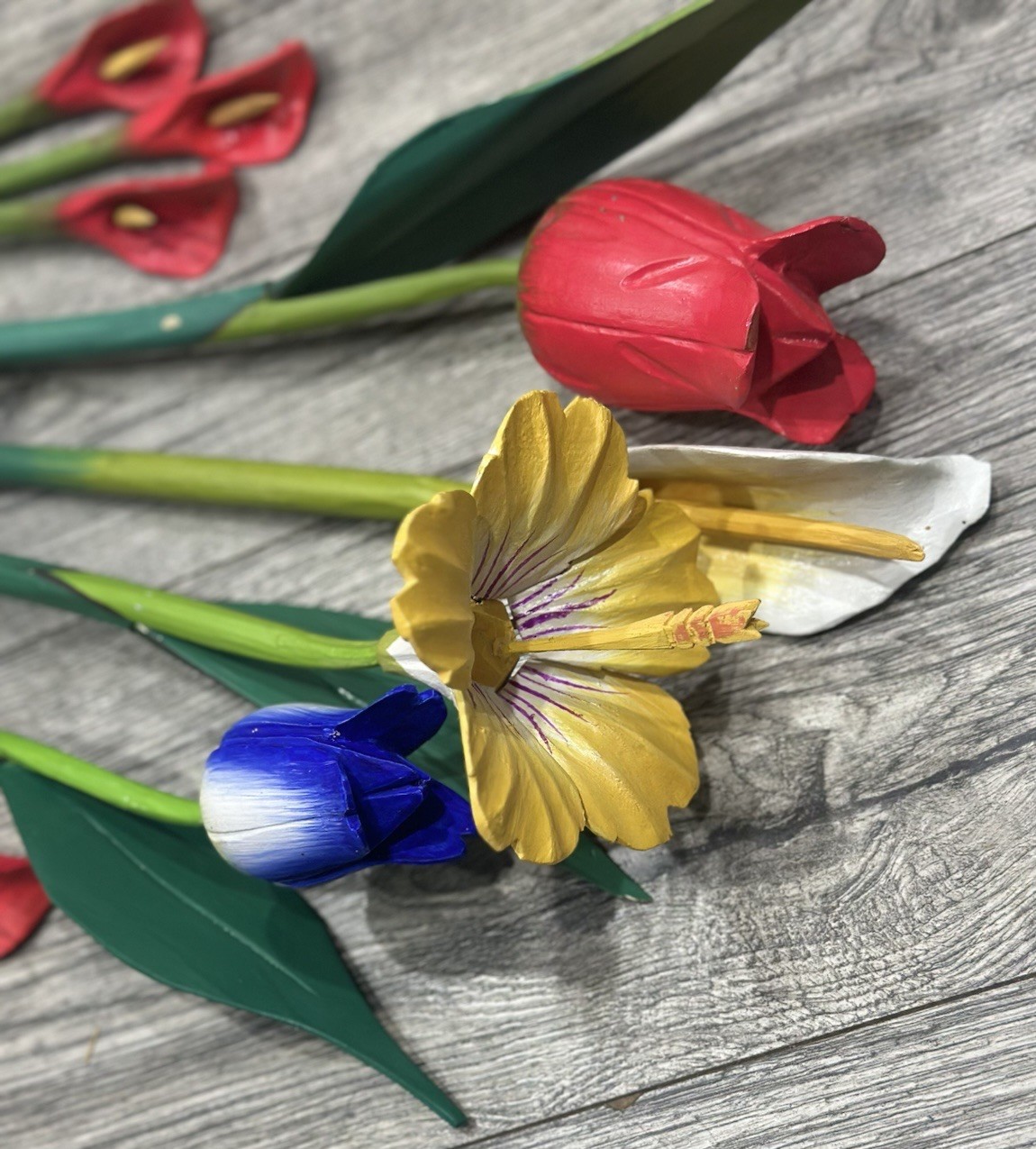 Wood Flowers Long Stem 9”- 31” floral arrangement Rose Tulip Lily Home Decor Lot