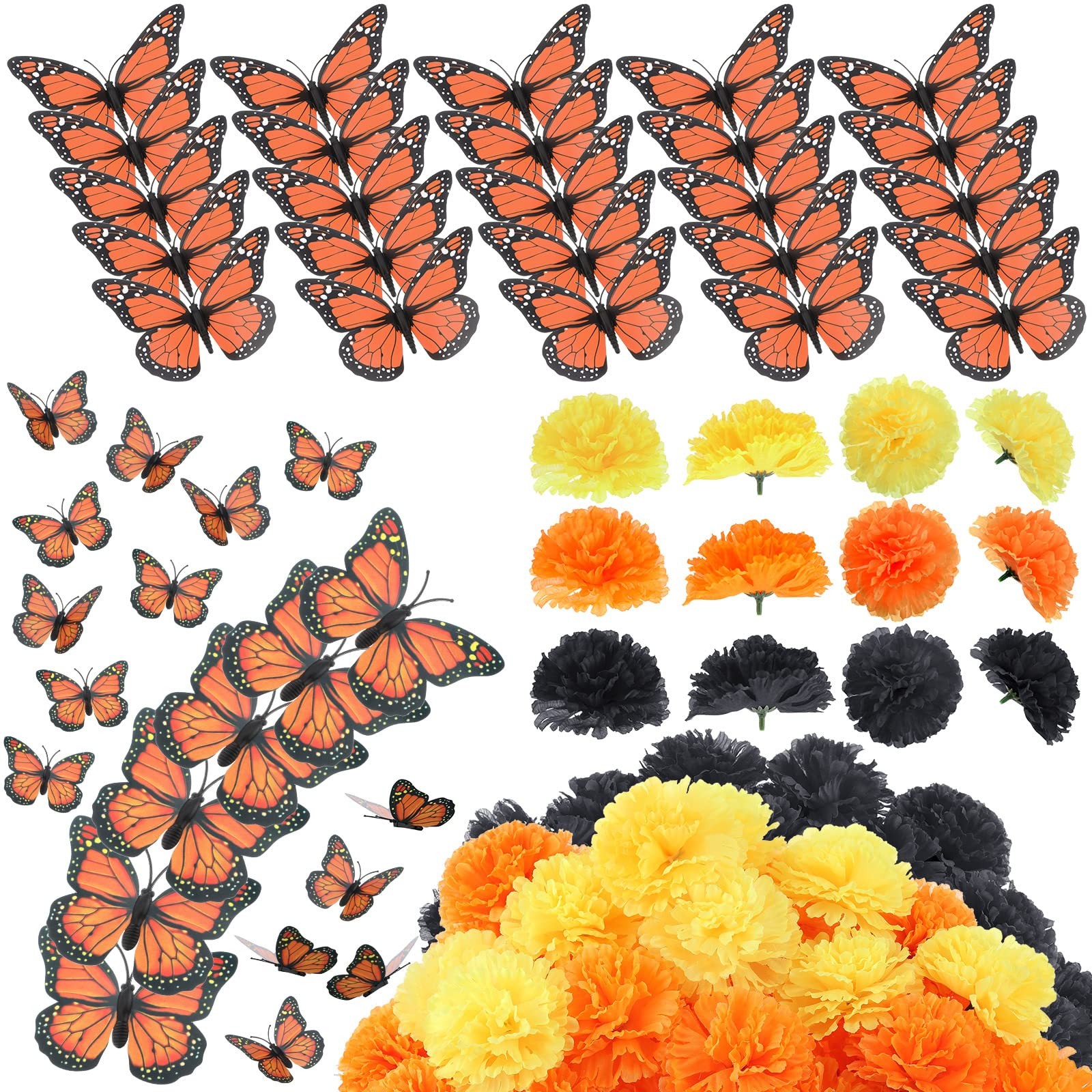 80 Pcs Artificial Marigold Flowers Monarch Butterfly Decorations Kit Dia De L…