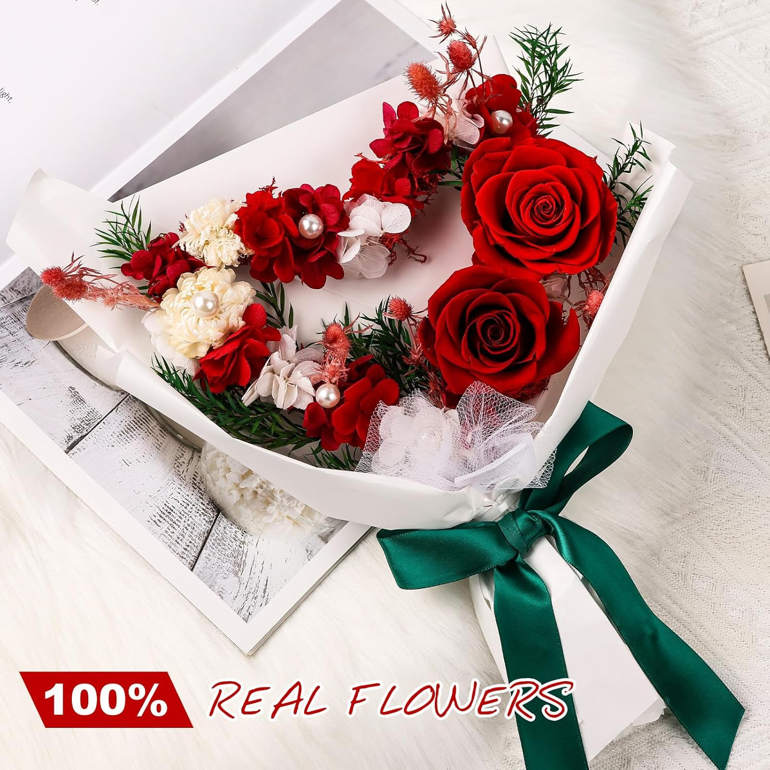 Forever Flowers Preserved Flower Bouquet Red Roses Heart Shape Natural Real Long