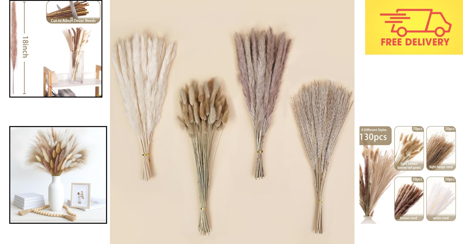 18″ Dried Pampas Grass & Bunny Tail Grass – Perfect for Rustic Fall Arrangements