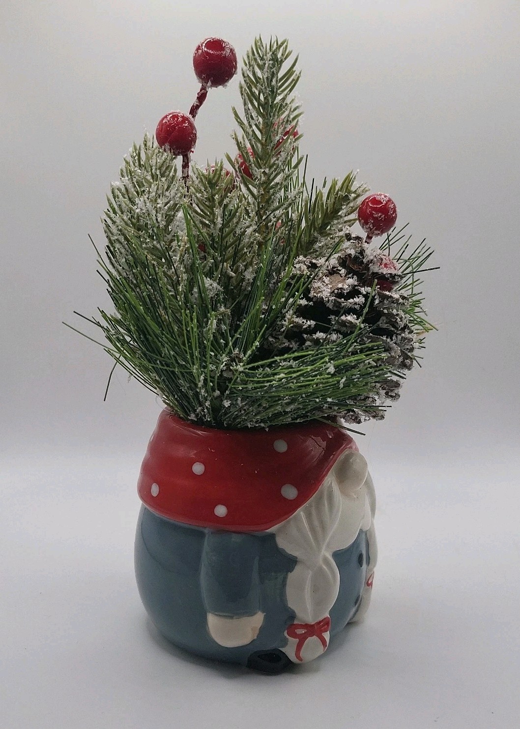 Artificial Christmas Pine & Berry Arrangement w/ Ceramic Santa Gnome 8 Inch